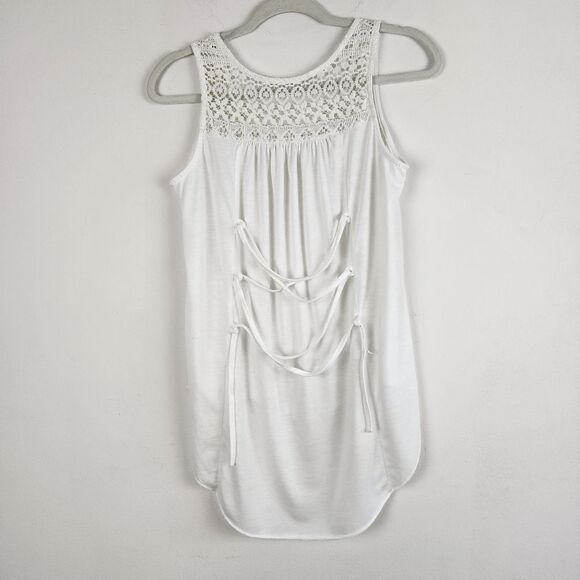 Cream Lace High-Low Top Sleeveless Button Up Sheer Blouse Small - Picture 6 of 13